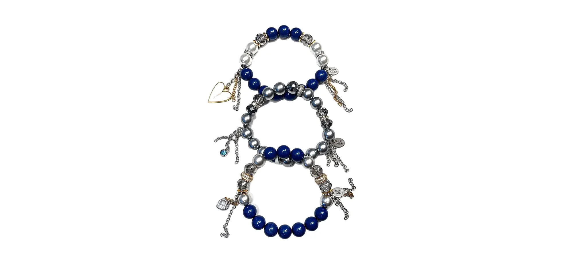 A BIJOUXstacks trio of Lisa's lapis lazuli, pearl and crystal bracelets