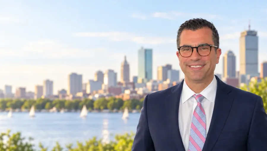 John Zaya in front of the Boston skyline