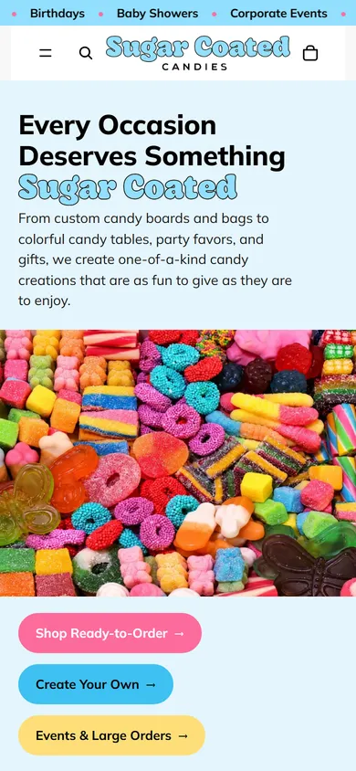 The live sugarcoatedcandies.com homepage on a phone