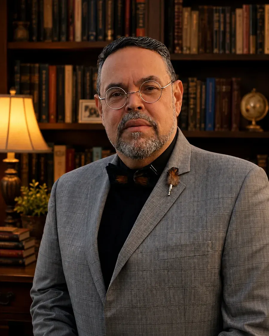 Wilfredo Piñeiro in front of his bookshelves