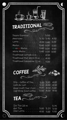 Traditional drinks and coffee menu on chalkboard