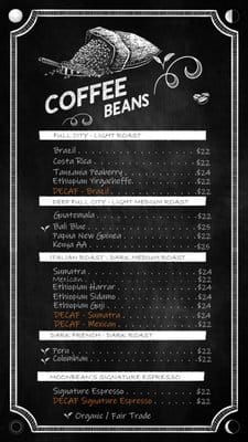 Coffee beans menu on chalkboard
