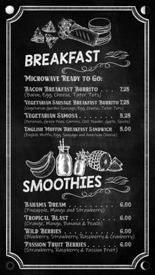 Breakfast and smoothies menu on chalkboard