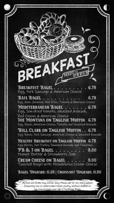 Breakfast bagels menu on chalkboard