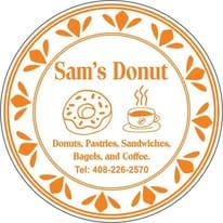 Sam's Donut badge logo: Donuts, Pastries, Sandwiches, Bagels, and Coffee.