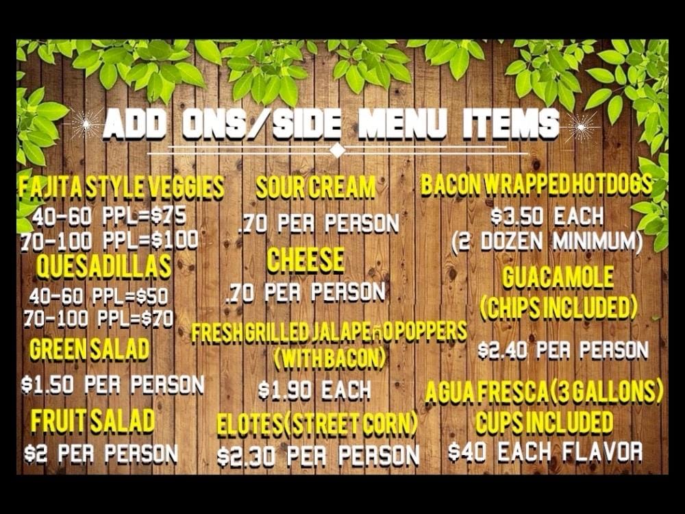 Add-ons and side items menu board with pricing