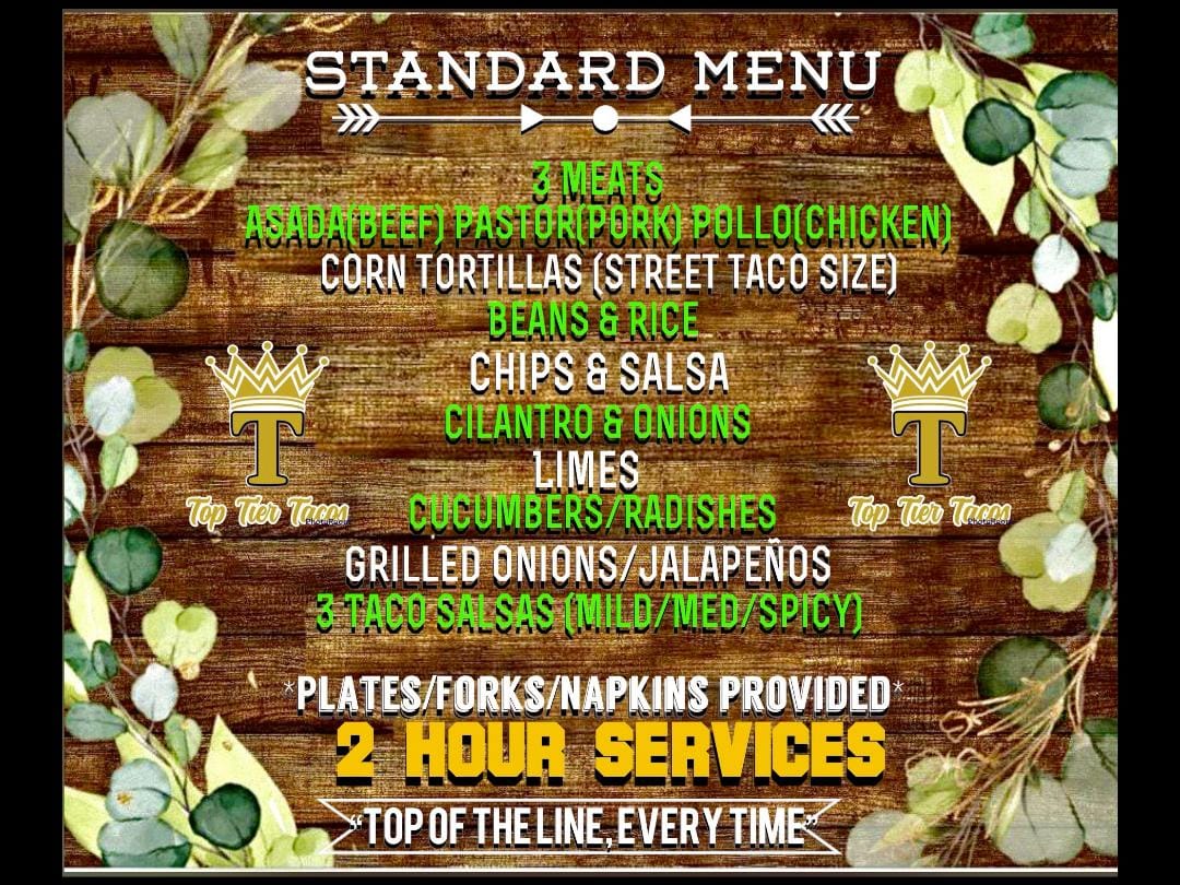 Standard menu board with rustic wood background and eucalyptus greenery