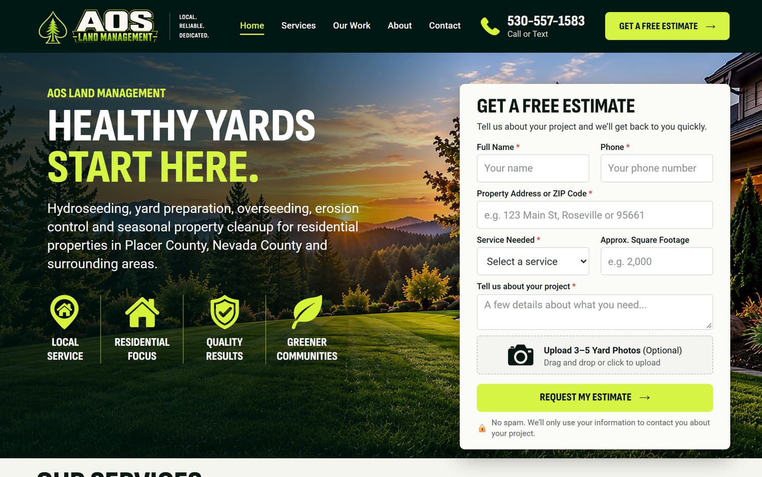 The live aoslandmanagement.com homepage on a laptop