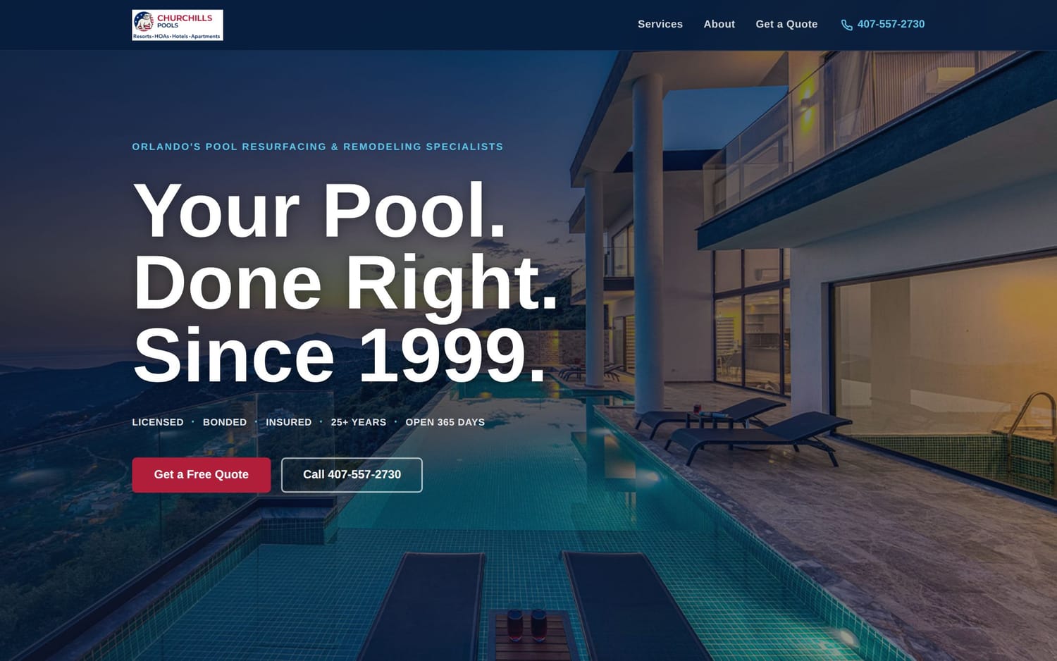 Homepage of Churchill's Pools, a contractor / home services website in Orlando, FL built by LocalForge