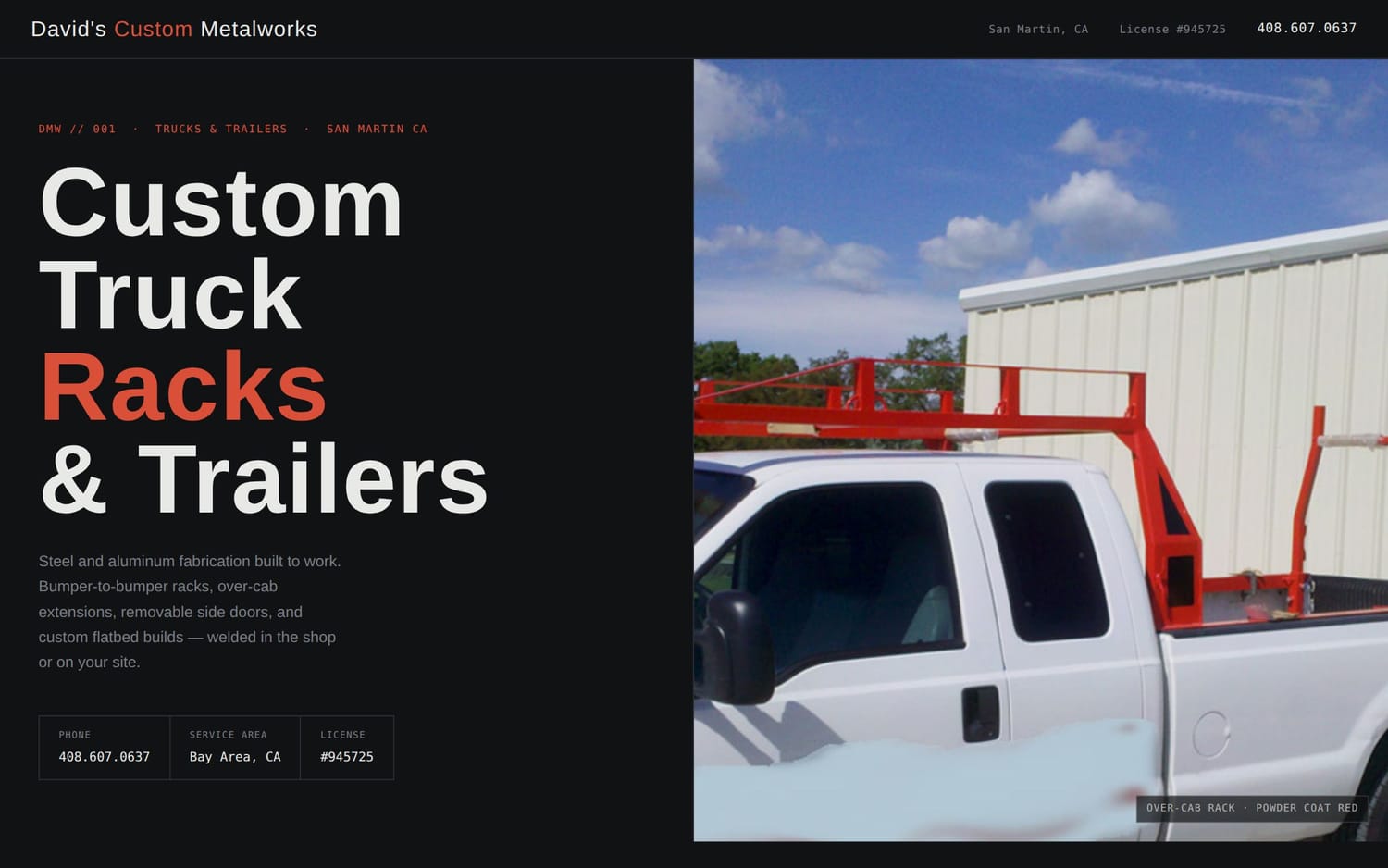 Homepage of David's Custom Metalworks, a contractor / home services website in San Martin, CA built by LocalForge