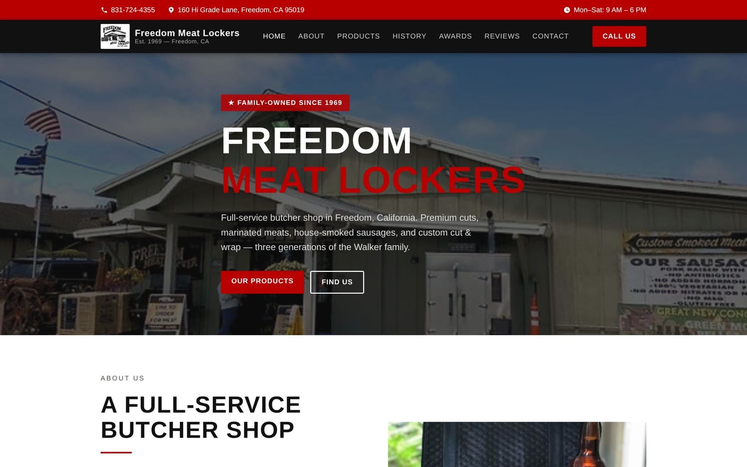 Homepage of Freedom Meat Lockers, a restaurant / food website in Freedom, CA built by LocalForge