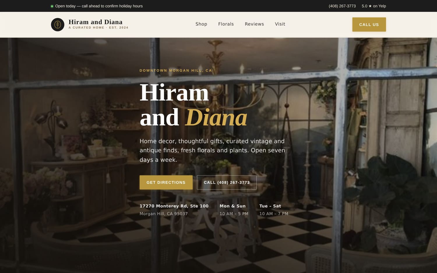 Homepage of Hiram and Diana, a retail shop website in Morgan Hill, CA built by LocalForge