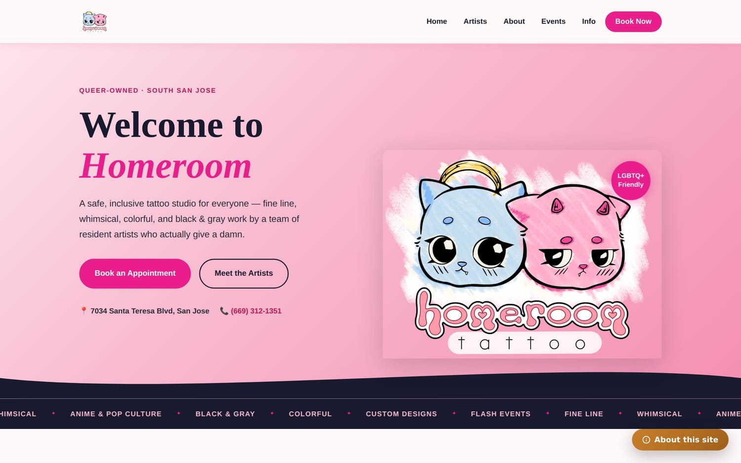 Homepage of Homeroom Tattoo, a salon / beauty website in San Jose, CA built by LocalForge