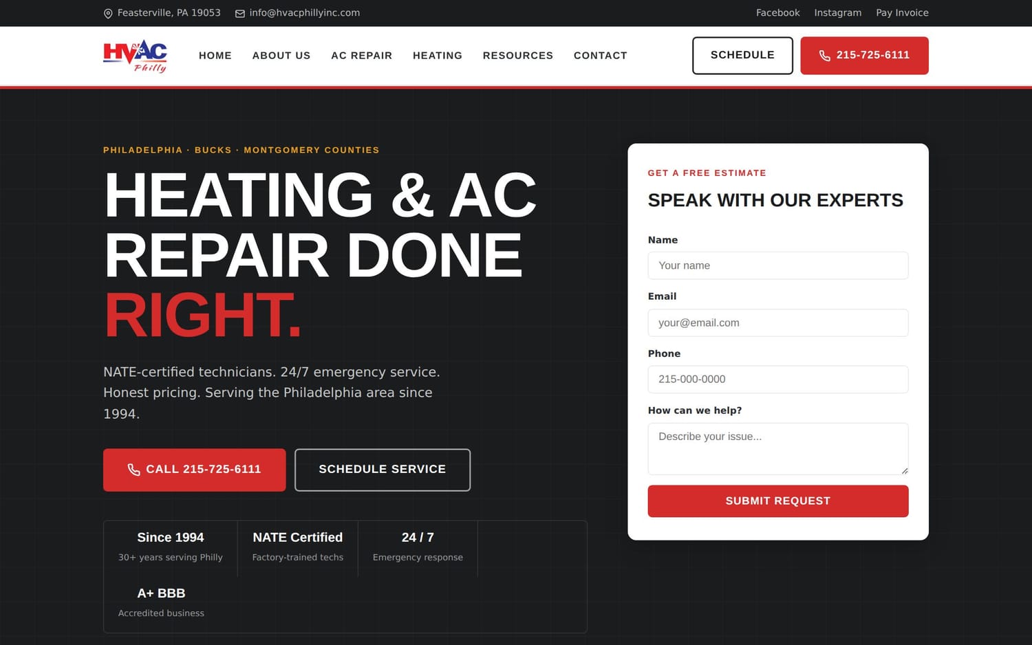 Homepage of HVAC Philly, a contractor / home services website in Philadelphia, PA built by LocalForge