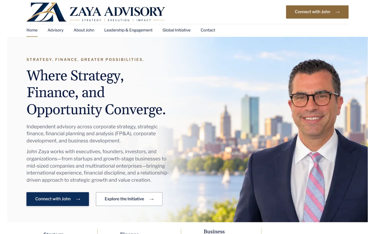 The live zayaadvisors.com homepage on a laptop