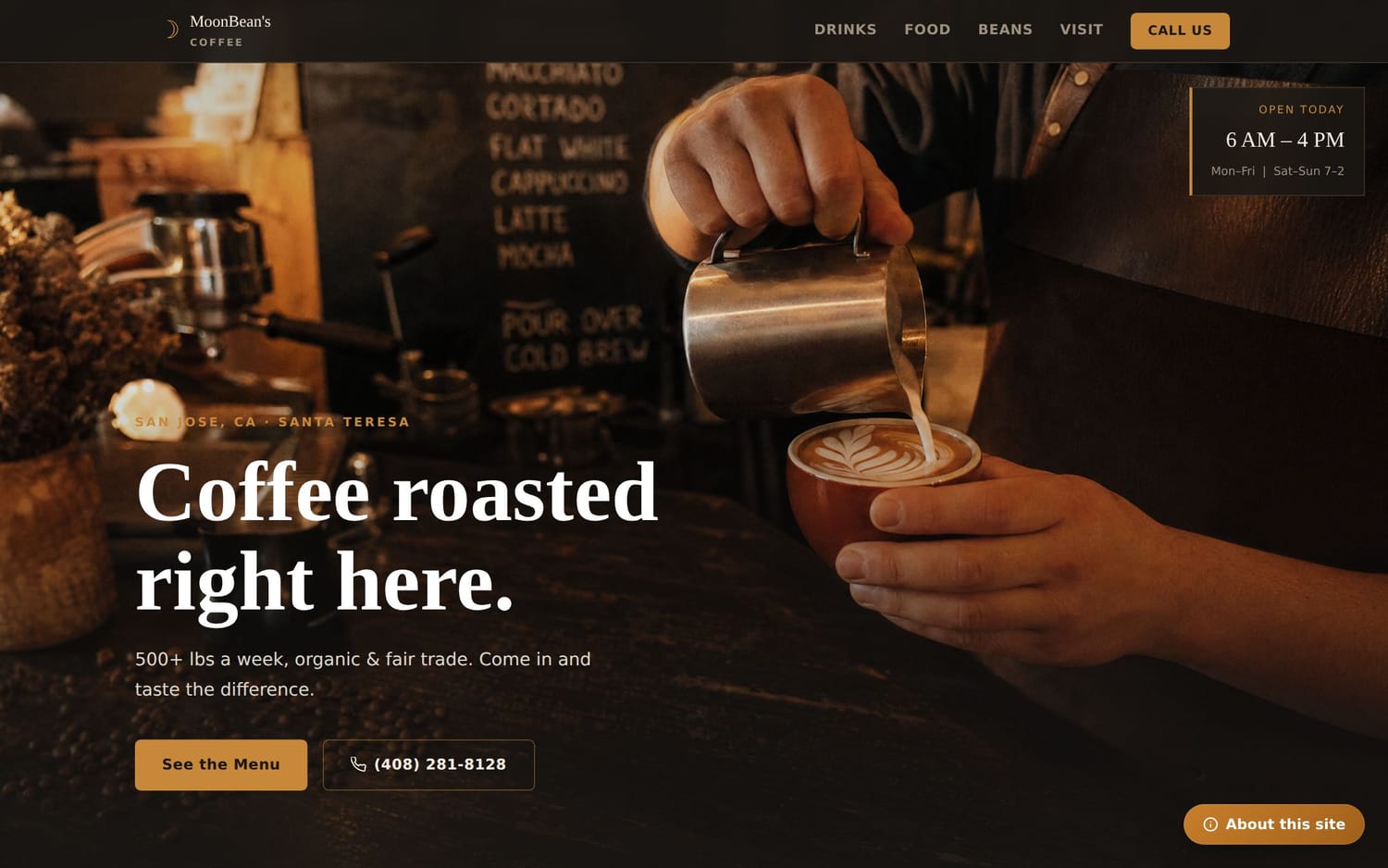 Homepage of MoonBean's Coffee, a restaurant / food website in San Jose, CA built by LocalForge