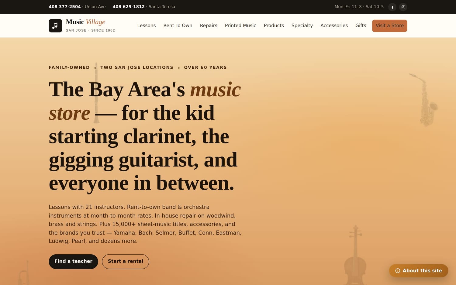Homepage of Music Village, a retail shop website in San Jose, CA built by LocalForge