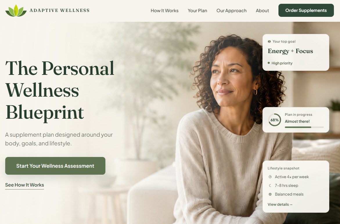 Homepage of Adaptive Wellness, a health / wellness website built by LocalForge