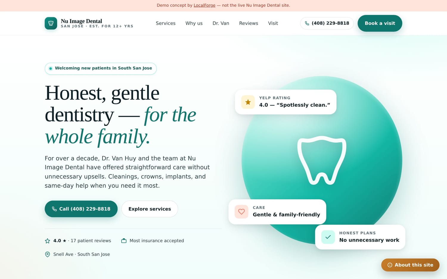 Homepage of Nu Image Dental, a health / wellness website in San Jose, CA built by LocalForge