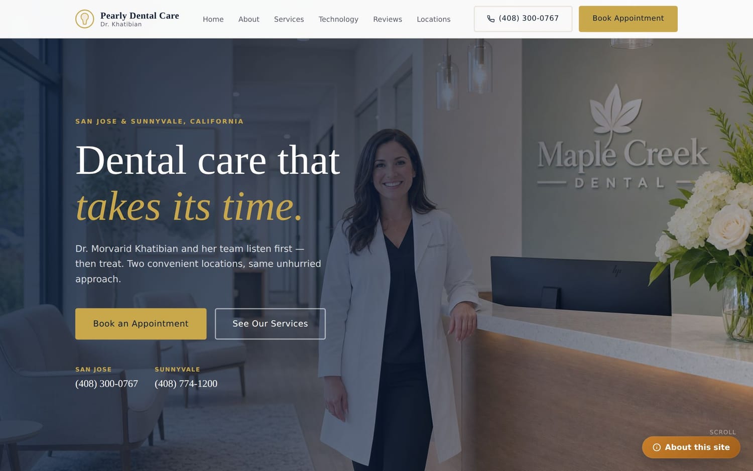 Homepage of Pearly Dental Care, a health / wellness website in San Jose & Sunnyvale, CA built by LocalForge