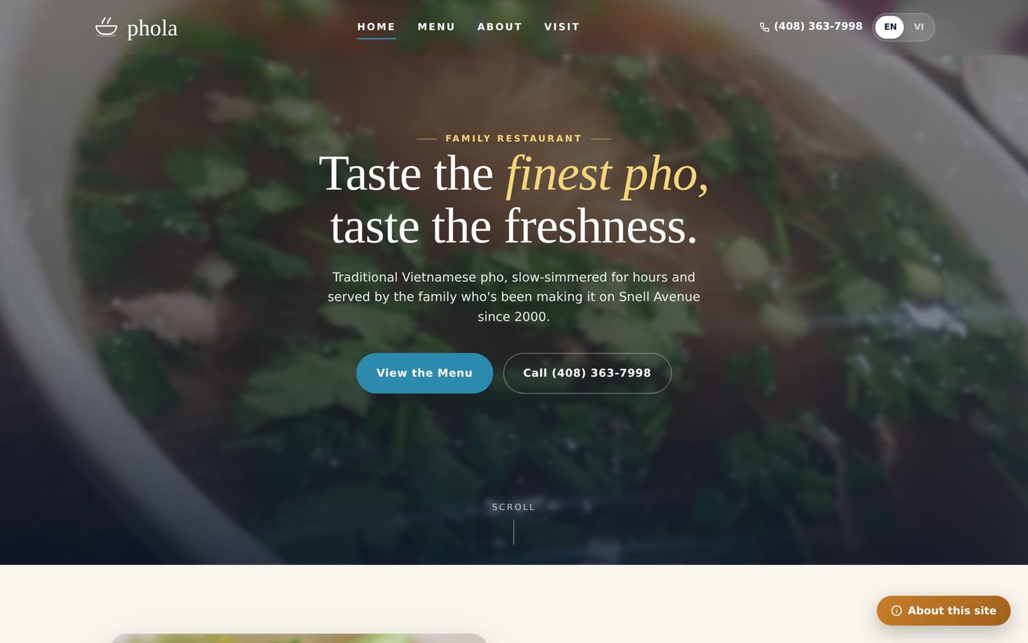 Homepage of PhoLa, a restaurant / food website in San Jose, CA built by LocalForge