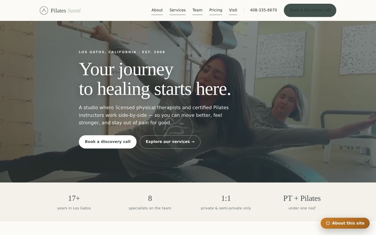Homepage of Pilates Santé, a health / wellness website in Los Gatos, CA built by LocalForge
