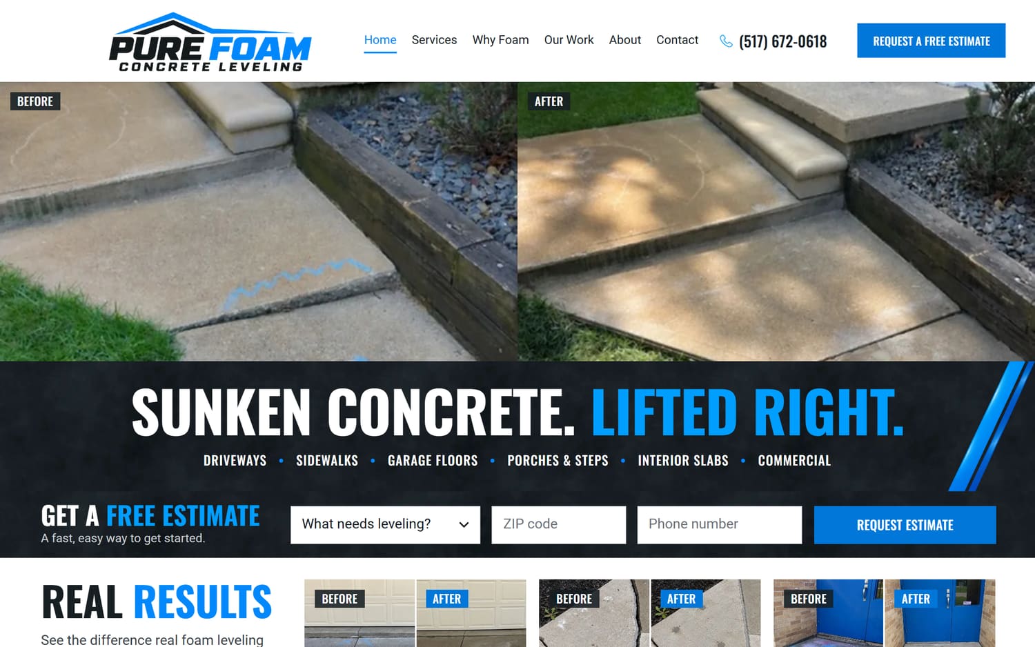 Homepage of Pure Foam Concrete Leveling, a contractor / home services website in Howell, MI built by LocalForge