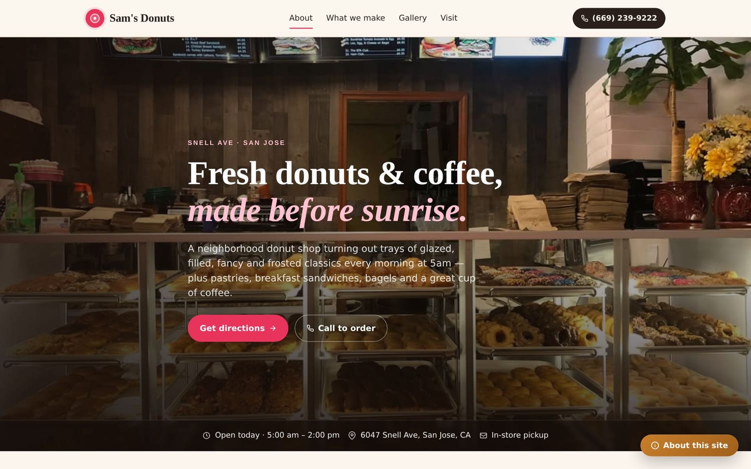 Homepage of Sam's Donuts, a restaurant / food website in San Jose, CA built by LocalForge