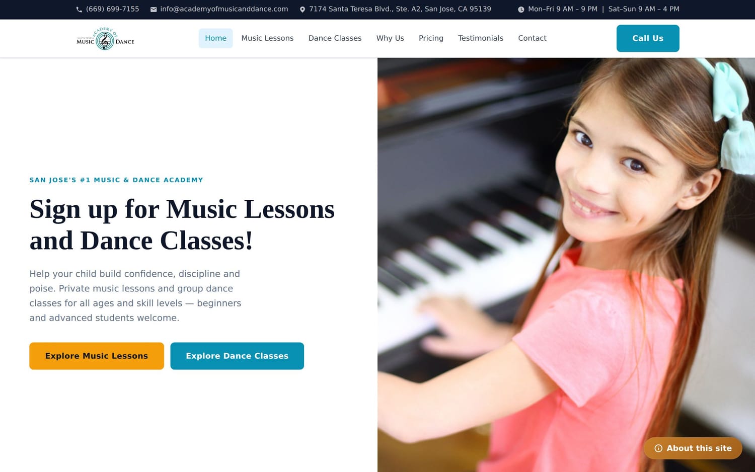 Homepage of Santa Teresa Academy of Music & Dance, a community & experiences website in San Jose, CA built by LocalForge
