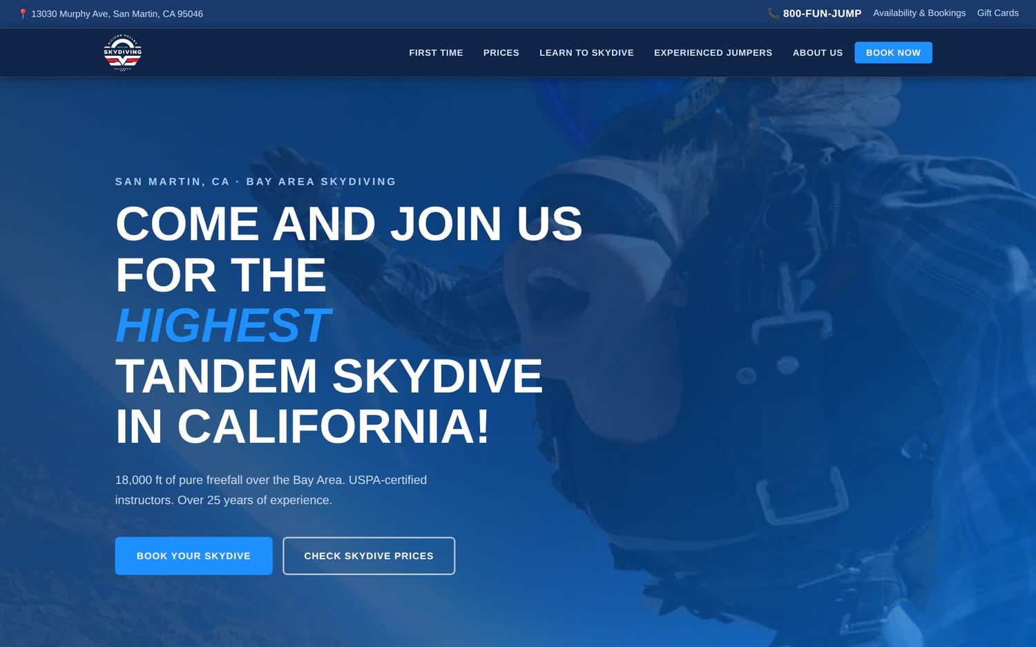 Homepage of Silicon Valley Skydiving, a community & experiences website in San Francisco & San Jose, CA built by LocalForge