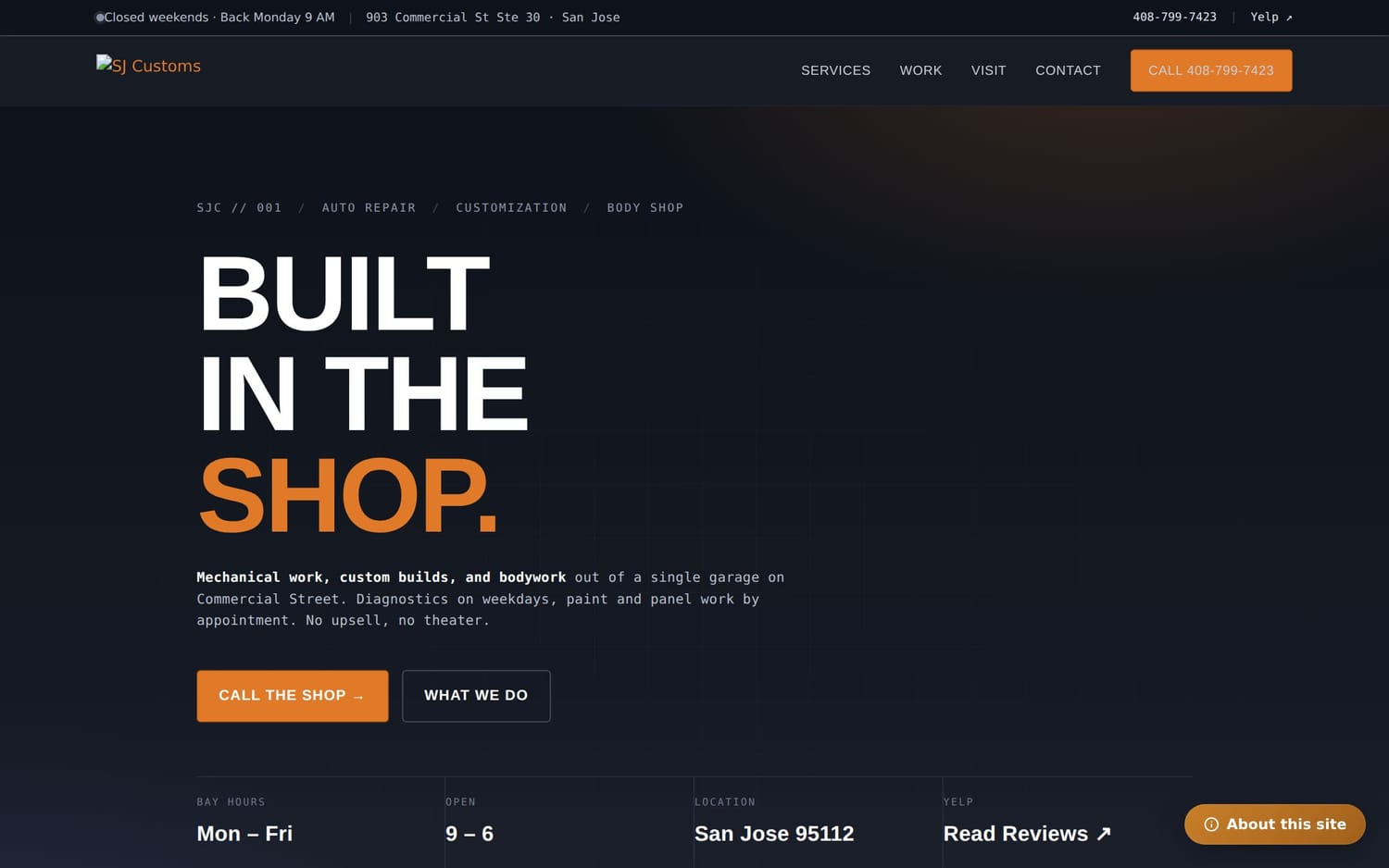 Homepage of SJ Customs, a contractor / home services website in San Jose, CA built by LocalForge