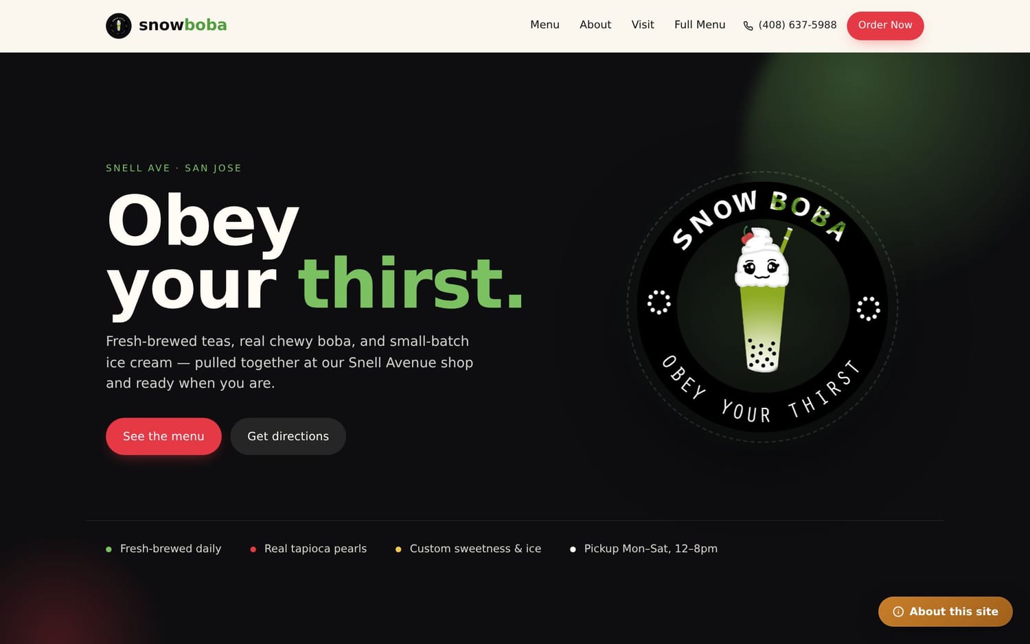 Homepage of SnowBoba, a restaurant / food website in San Jose, CA built by LocalForge