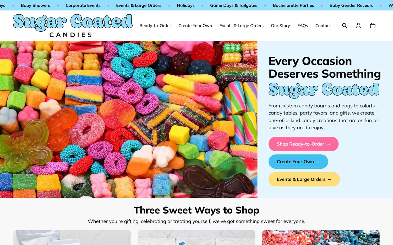 The live sugarcoatedcandies.com homepage on a laptop