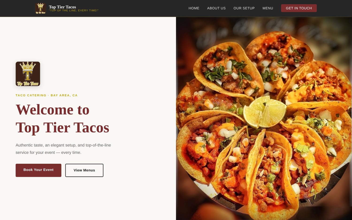 Homepage of Top Tier Tacos, a restaurant / food website in San Jose, CA built by LocalForge
