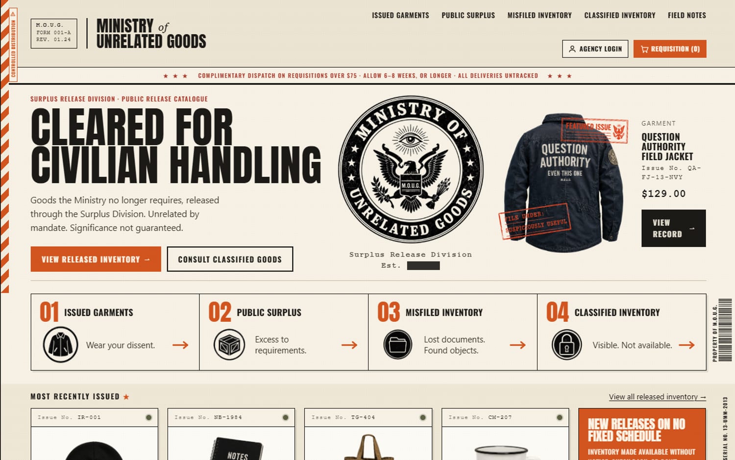 Homepage of Ministry of Unrelated Goods, a retail shop website built by LocalForge