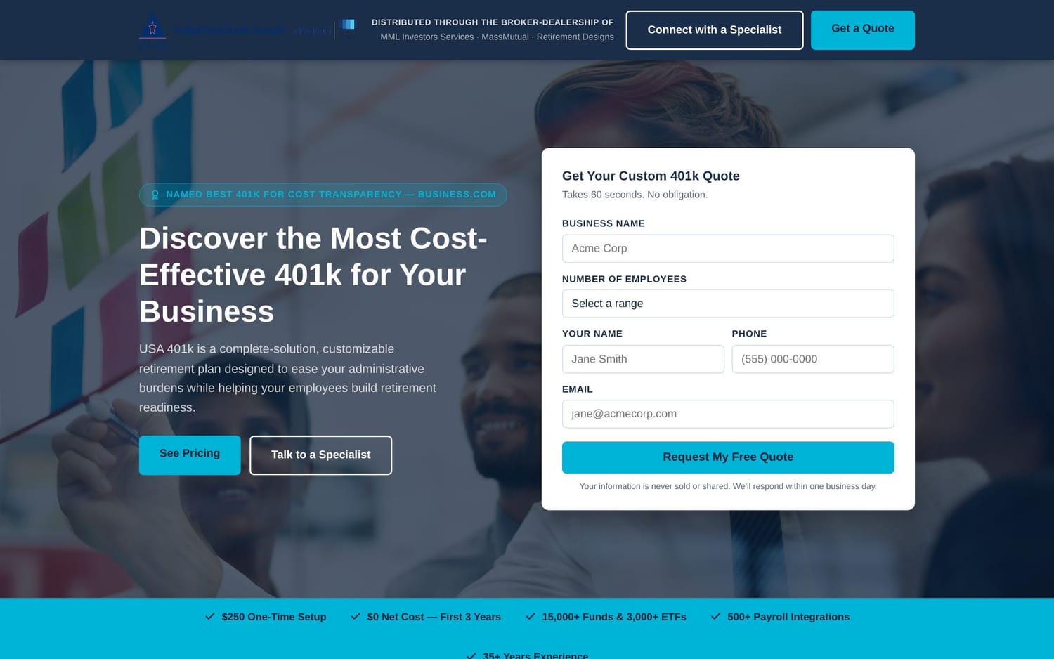 Homepage of USA 401k, a professional services website in United States built by LocalForge